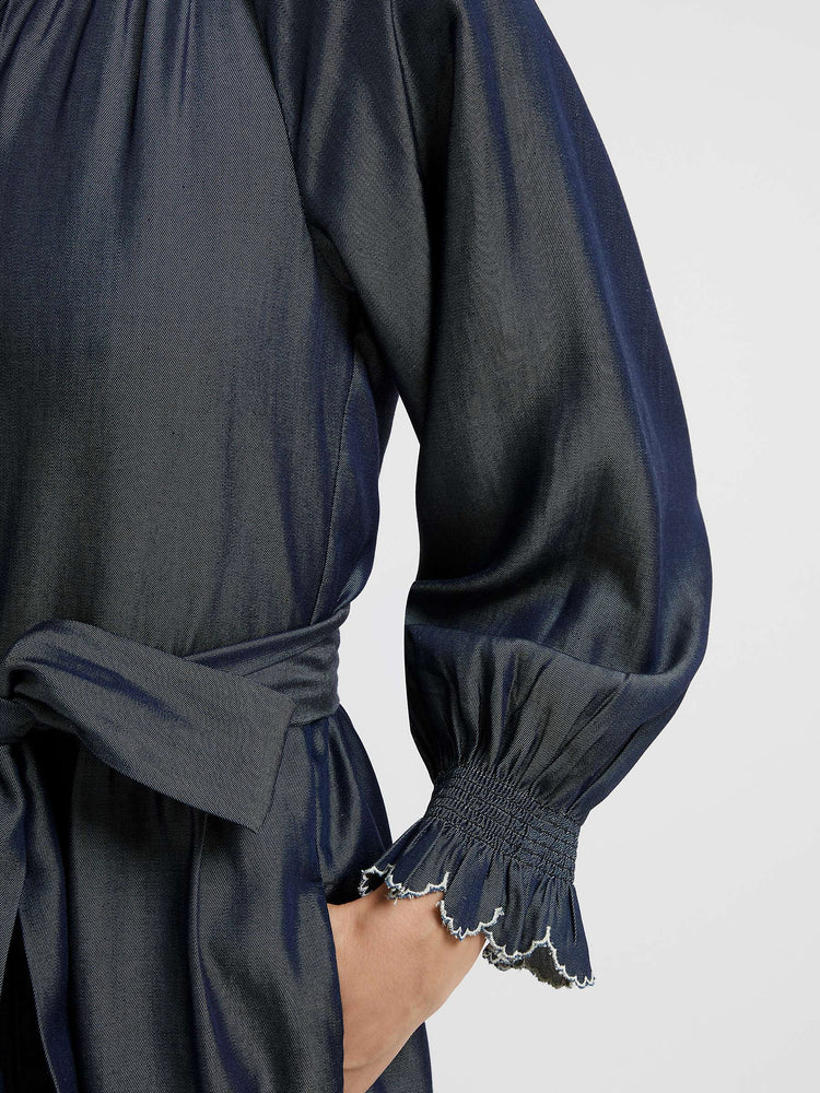 Tiered Midi Stitched Chambray Dress - Dark Indigo