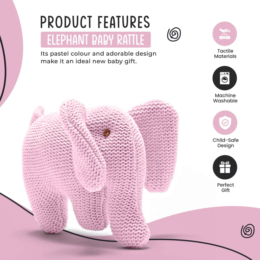 Knitted Pink Elephant Baby Rattle Organic Cotton