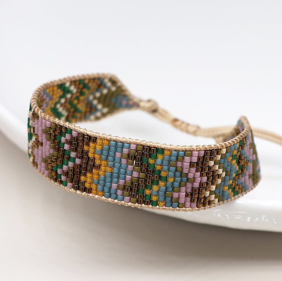 Adjustable Woven Earthy Mix Zig-Zag Beaded Bracelet