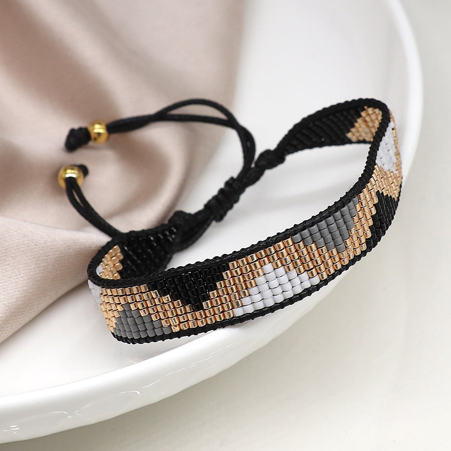 Adjustable Woven Black Mix Bold Zig-Zag Beaded Bracelet