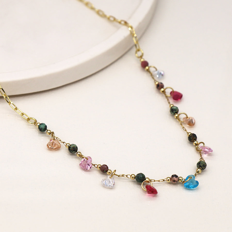 Multi Stone Bead Faux Gold Chain Necklace