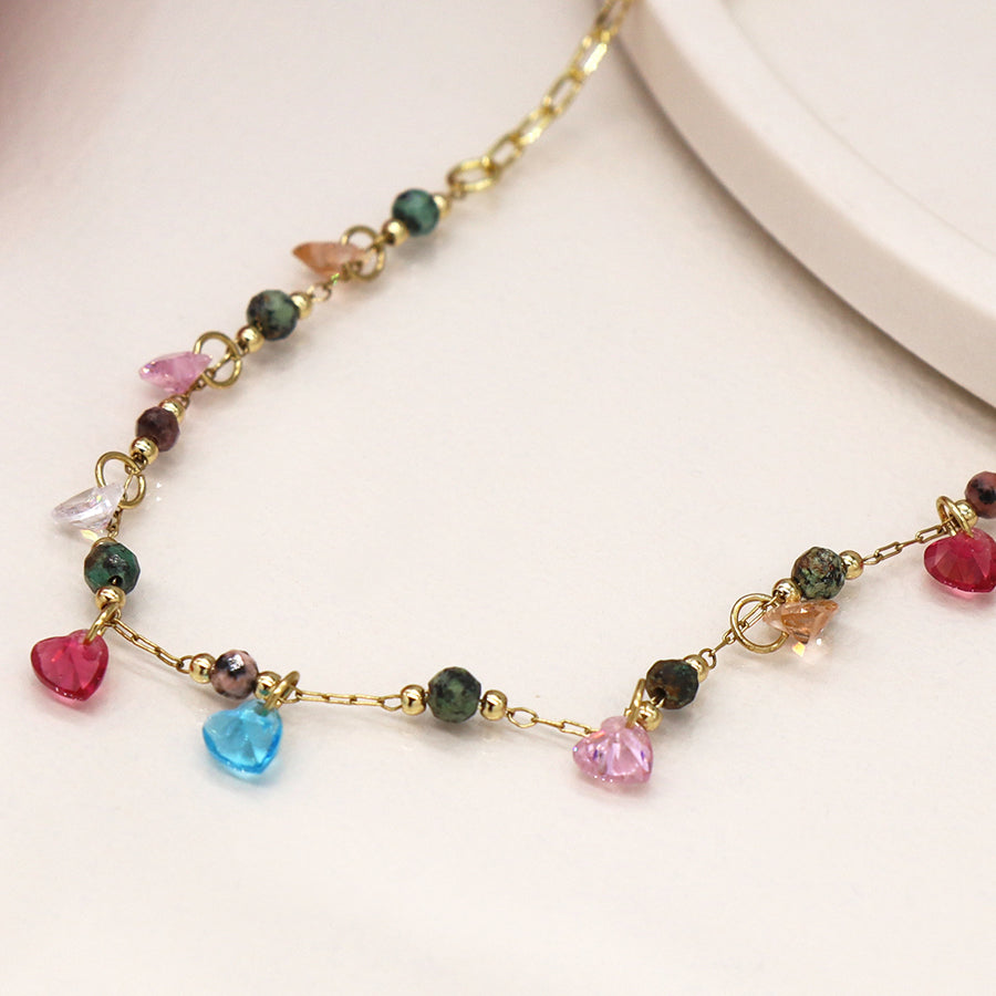 Multi Stone Bead Faux Gold Chain Necklace