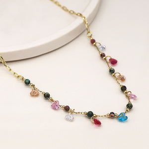 Multi Stone Bead Faux Gold Chain Necklace