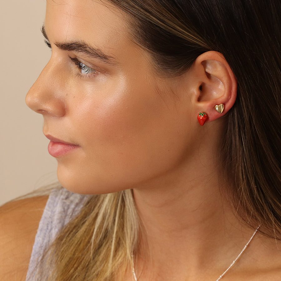 Faux Gold Heart and Strawberry Stud Earrings - 2 Pair Pack