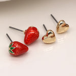 Faux Gold Heart and Strawberry Stud Earrings - 2 Pair Pack