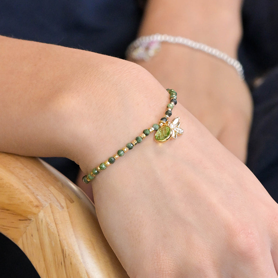 Faux Gold and Green Beaded Bumblebee Bracelet With Green Crystal