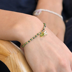 Faux Gold and Green Beaded Bumblebee Bracelet With Green Crystal