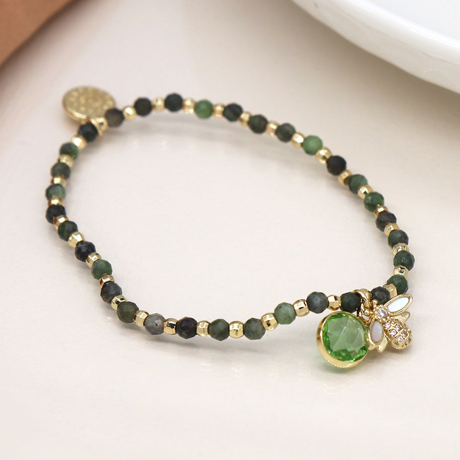 Faux Gold and Green Beaded Bumblebee Bracelet With Green Crystal