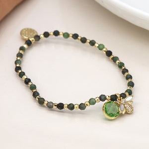 Faux Gold and Green Beaded Bumblebee Bracelet With Green Crystal