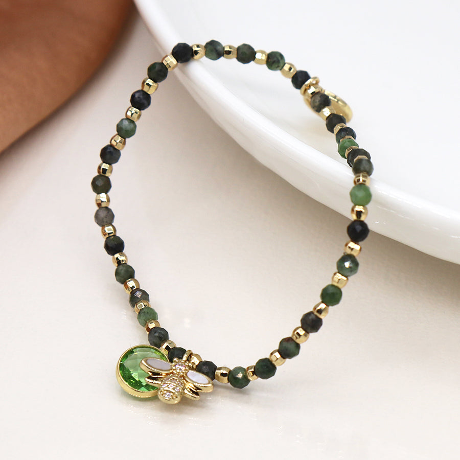 Faux Gold and Green Beaded Bumblebee Bracelet With Green Crystal