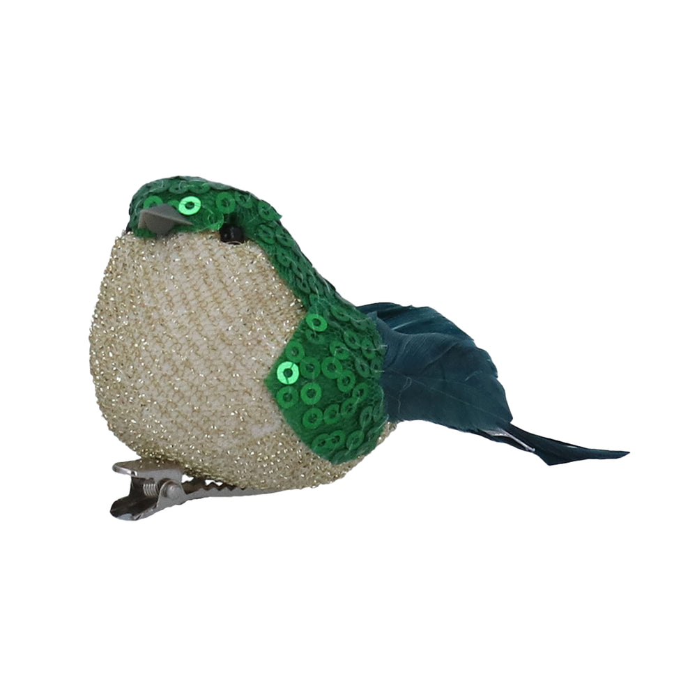 Green Feather/Gold Clip On Bird Decoration