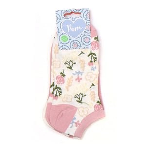 Pink / Cream Floral Printed Trainer Socks  - 2 Pack (Recycled Cotton/Poly)