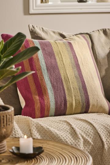 Canvas Cushion - Multi-Striped, With Cushion Duck Feather and Down Pad - Red