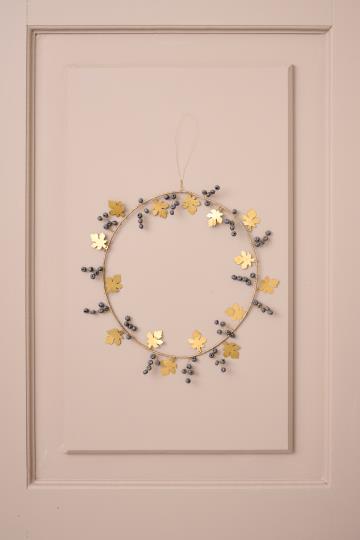 Wreath With Brass Leaves and Dark Grey Wooden Beads