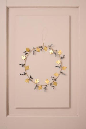 Wreath With Brass Leaves and Dark Grey Wooden Beads