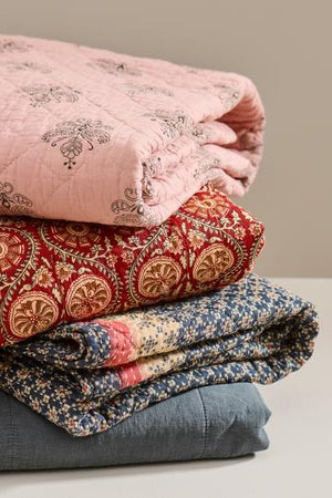 Quilt -  Dark Blue With Light Pink and Natural Coloured Pattern
