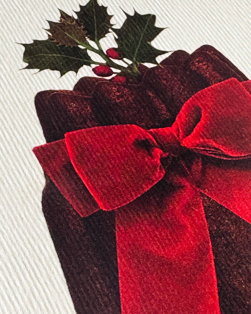 Christmas Plum Pudding Red Velvet Bow Greeting Card