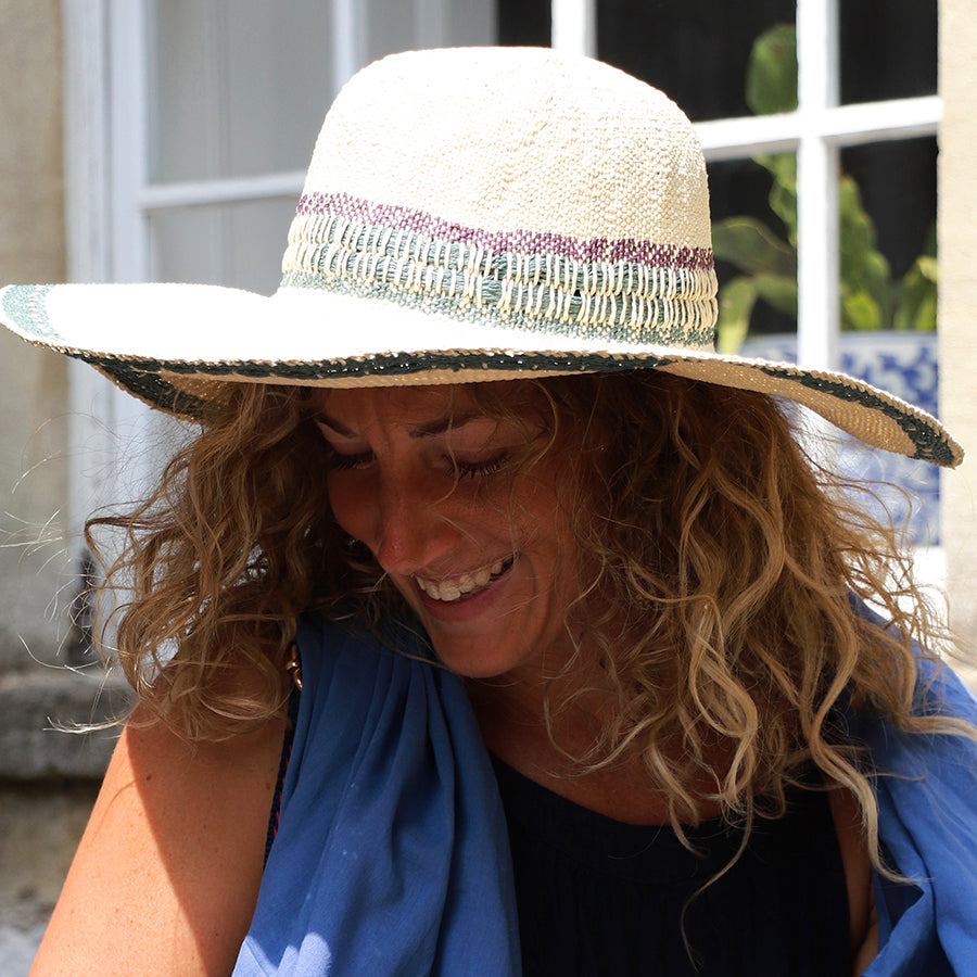 Wide Brim Sun Hat - Green/Purple Woven Detail