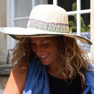 Wide Brim Sun Hat - Green/Purple Woven Detail