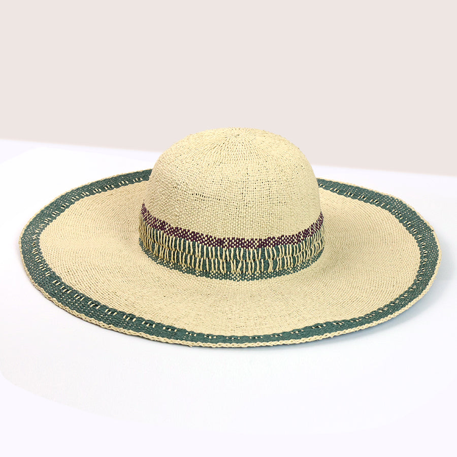 Wide Brim Sun Hat - Green/Purple Woven Detail