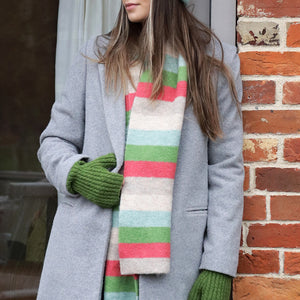 Striped Knitted Scarf - Beige / Green / Red