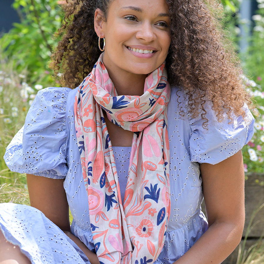 Pale Coral Pink Mix Graphic Print Organic Cotton Scarf