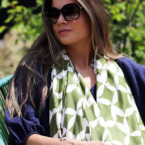 Olive Green Geo Print Bamboo Twill Scarf