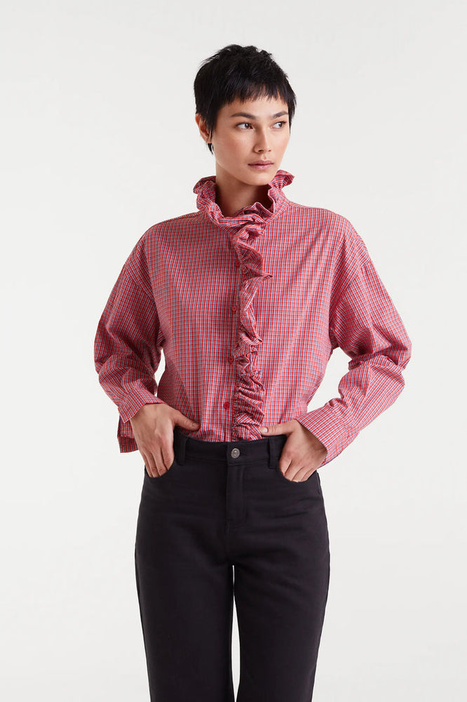Cotton Poplin Ruffle Gingham Shirt - Red