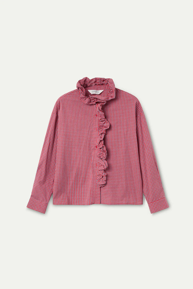 Cotton Poplin Ruffle Gingham Shirt - Red