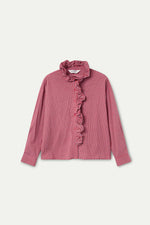 Cotton Poplin Ruffle Gingham Shirt - Red