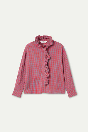 Cotton Poplin Ruffle Gingham Shirt - Red