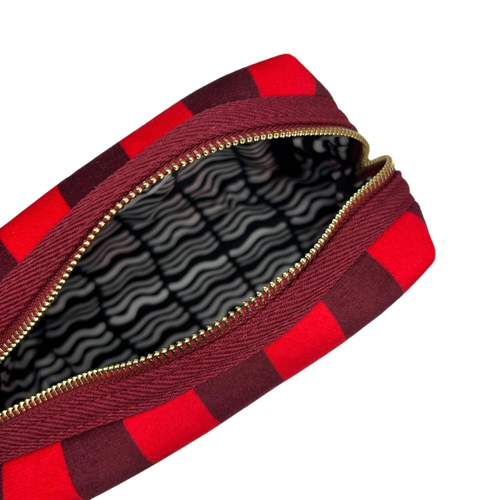 Striped Recycled Velvet Red and Burgundy Make-up Bag With Beaded Palm Tree Brooch
