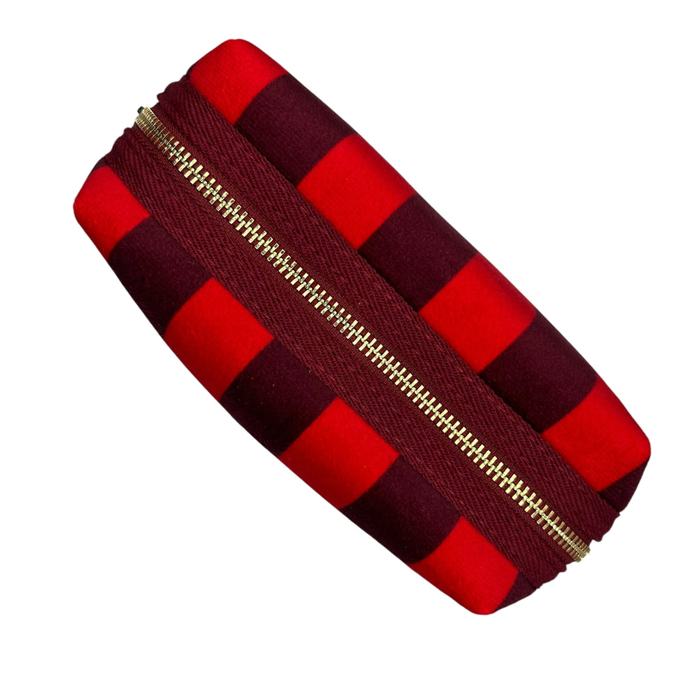 Striped Recycled Velvet Red and Burgundy Make-up Bag With Beaded Palm Tree Brooch