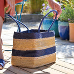Navy Square Jute Striped Picnic Basket Bag