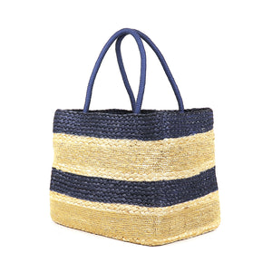 Navy Square Jute Striped Picnic Basket Bag