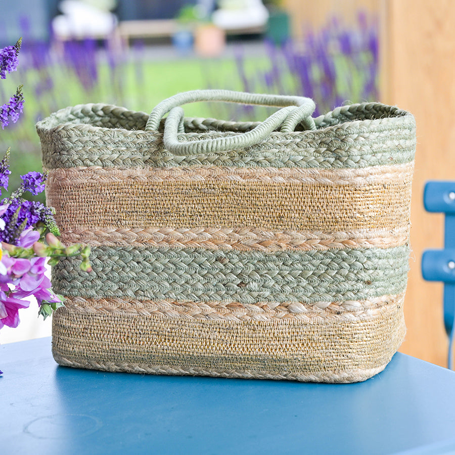 Sage Square Jute Striped Picnic Basket Bag