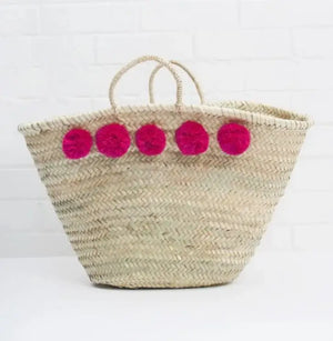 French Market Basket, Straw Bag with Pom Poms