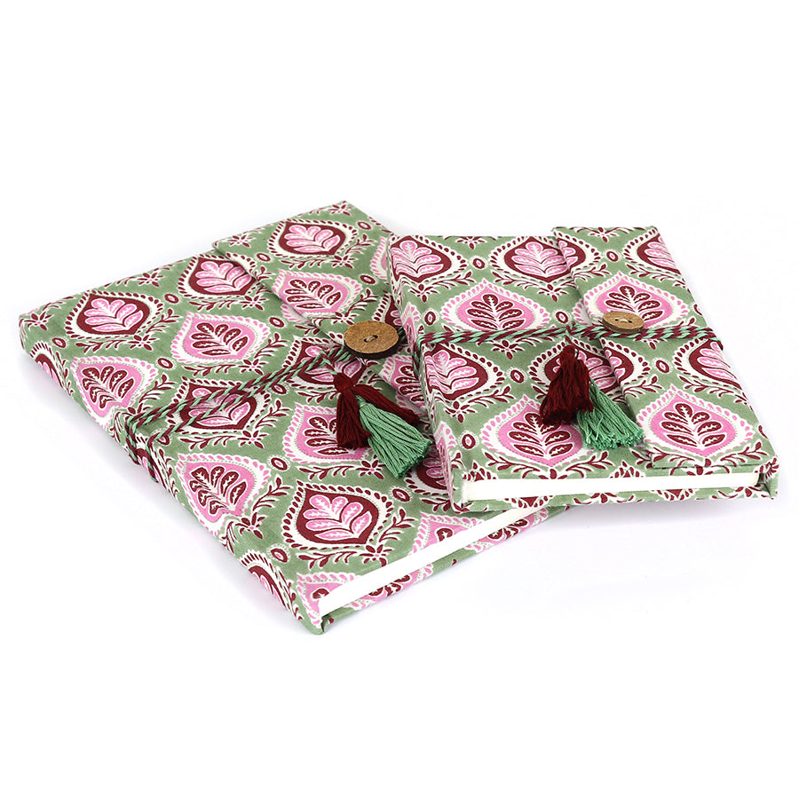 Muted Pink/Soft Green Block Printed Cotton Notebooks - 2 Pack
