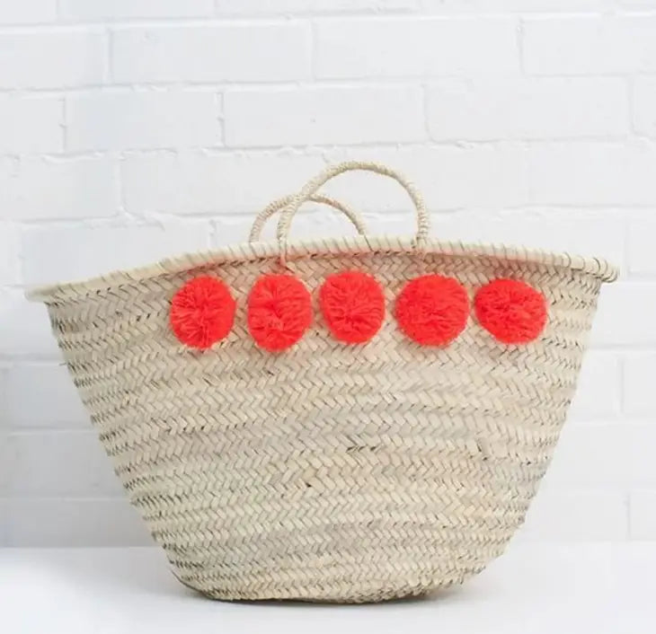 French Market Basket, Straw Bag with Pom Poms