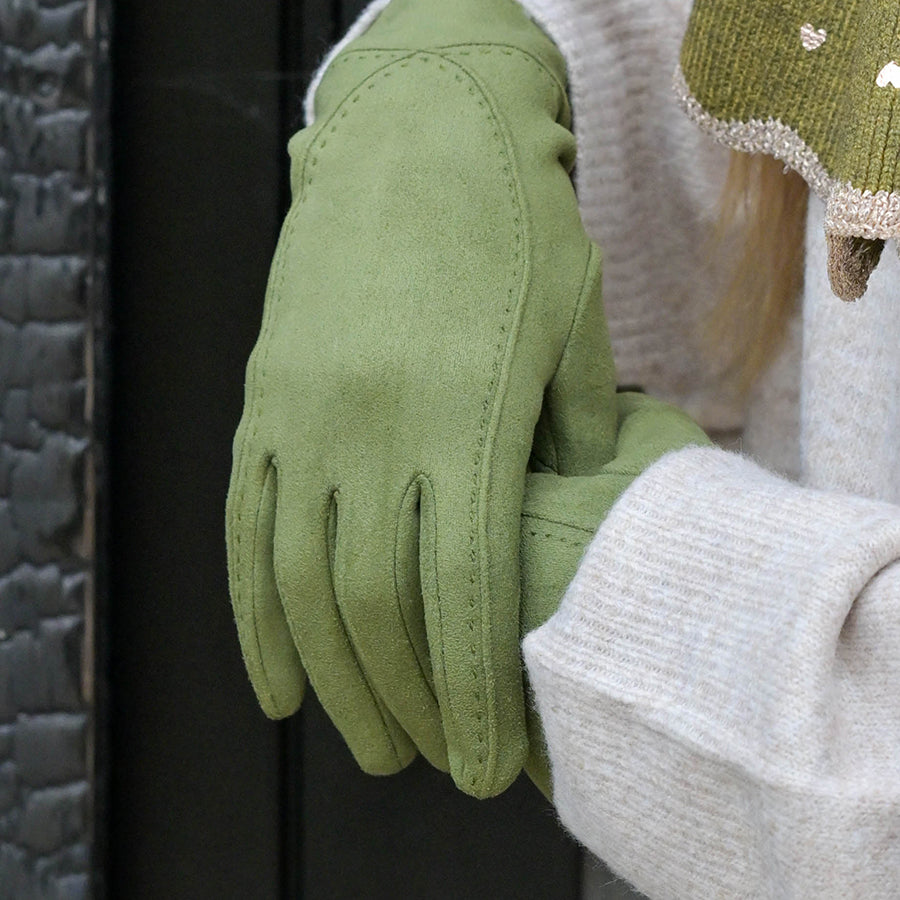 Faux Suede Gloves - Olive