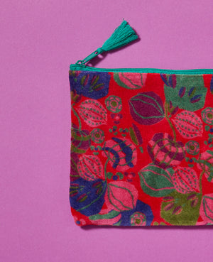 Large Flat Zip Organic Cotton Pouch - Velours Bloom Red
