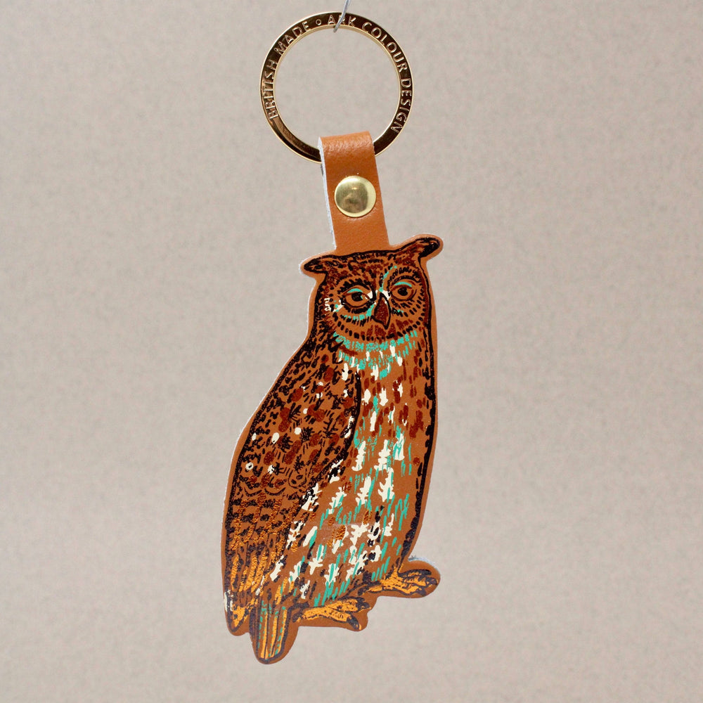 Nocturnal Owl Embossed Leather Key Ring - Burnt Orange