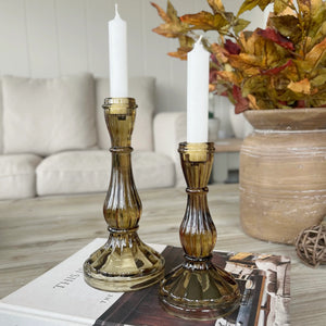 Large Glass Moulded Hourglass Candlestick - Light Amber