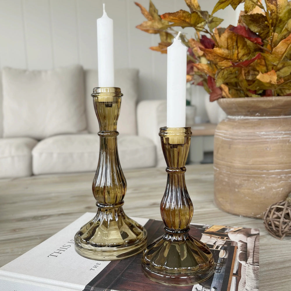 Large Glass Moulded Hourglass Candlestick - Light Amber