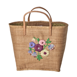 Raffia Bag with Heavy Flower Embroidery in Tea - Leather Handles - Large