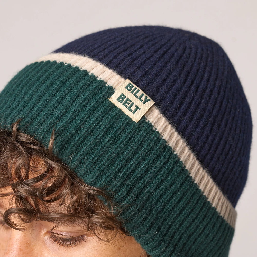 Wool Beanie Hat - Navy Green and Beige