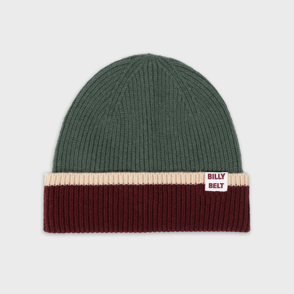 Wool Beanie Hat - Khaki Burgundy and Beige