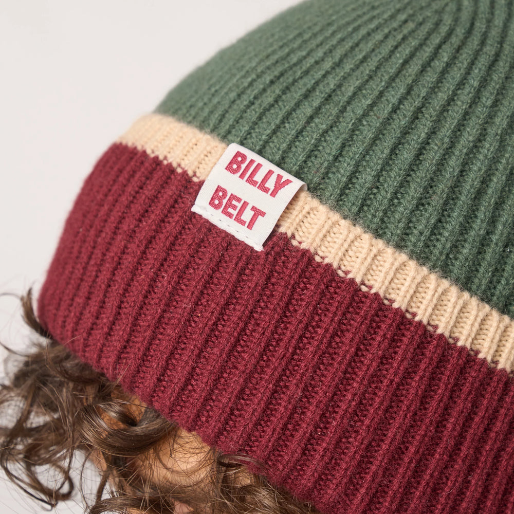Wool Beanie Hat - Khaki Burgundy and Beige
