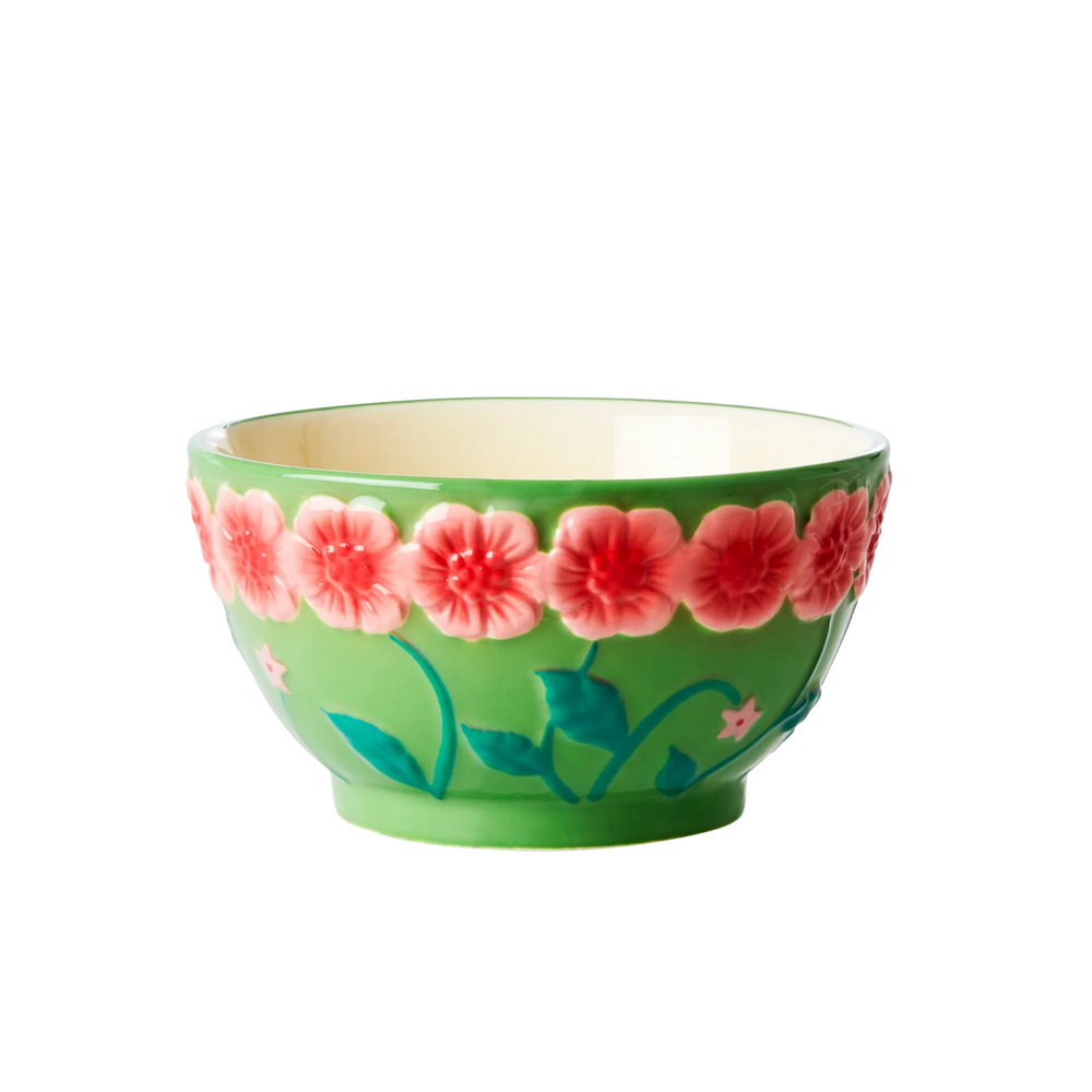 Ceramic Bowl with Embossed Flower Design - Green - Small - 250 ml