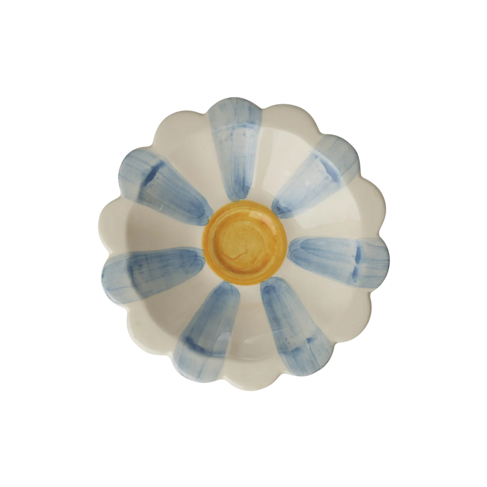 Ceramic Flower Dipping Bowl with Hand-Painted Stripes - Blue